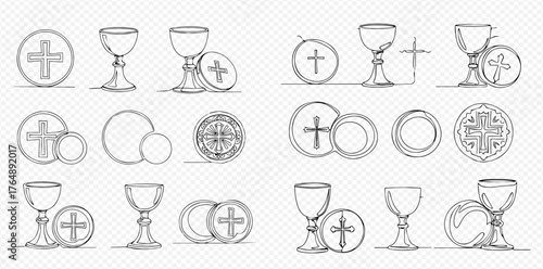 Line art illustrations of Christian communion symbols including chalices, hosts with crosses, and other religious emblems.