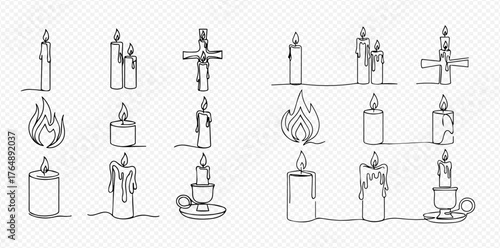 Minimalist one-line art illustrations of lit candles, including pillar, taper, and cross shapes, with separate flame icons.