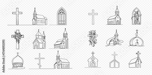 Continuous line art drawings of various Christian religious symbols and church buildings, including crosses, chapels, cathedrals, and gothic windows.