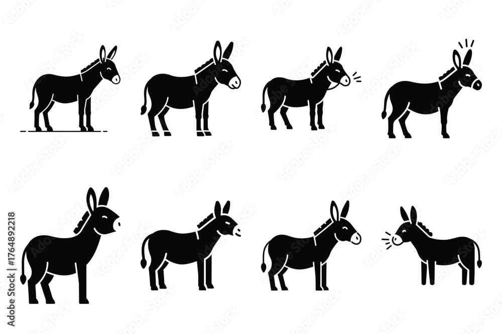 Fototapeta premium donkey braying minimal silhouette vector icon set. animal icon set.