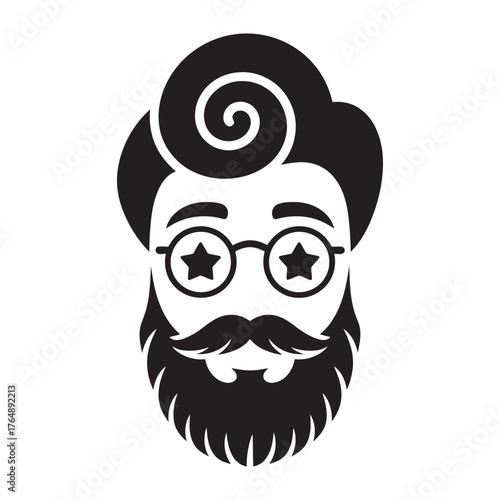 Stylish hipster with a beard and star eyed glasses illustration, icon, logo, vector 
