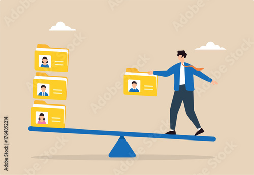 Flat illustration of human resource manager balancing candidate profile folders on seesaw to sort applicants for recruitment decision and onboarding approval	