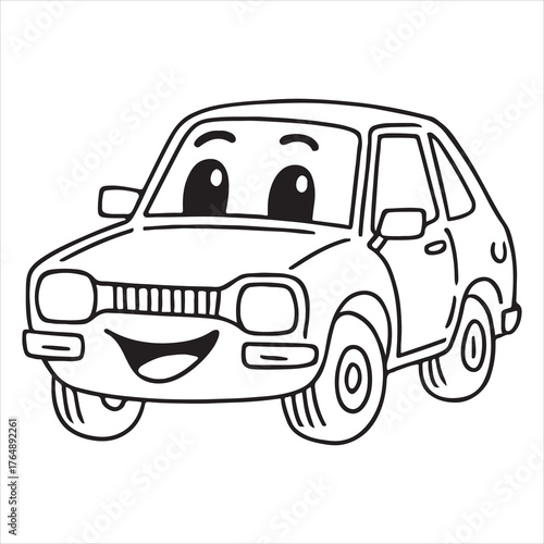 Happy cartoon car outline for coloring silhouette on vector white background