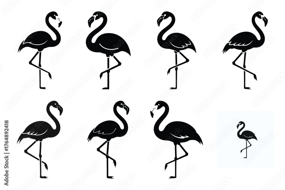 Obraz premium flamingo standing minimal silhouette vector icon set. animal icon set.