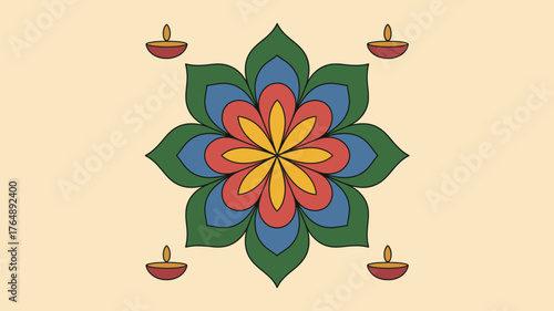 A symmetrical floral design with candles on a beige background in a simple cartoon style art work