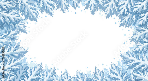 Winter holiday background with frosty blue pine branches encircling white space
