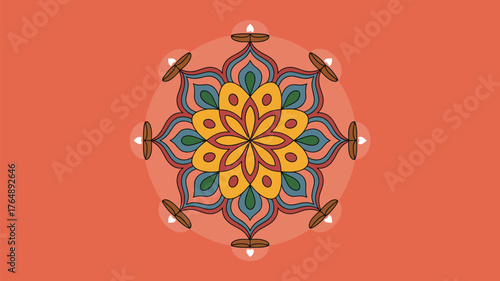 A symmetrical mandala design with floral elements and lit candles on a coral background art image