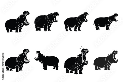 hippopotamus yawning  minimal silhouette vector icon set. animal  icon set.