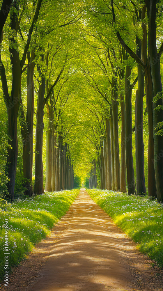 Fototapeta premium Serene Tree-Lined Path in Lush Spring Forest with Sunlit Canopy and Tranquil Atmosphere
