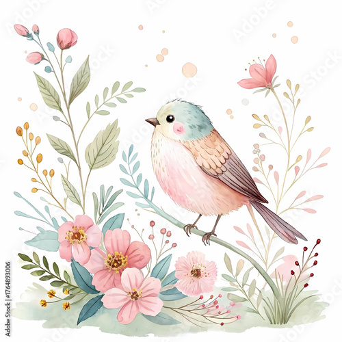 Adorable watercolor bird perched on a floral branch with delicate blossoms, soft pastel illustration for nursery decor, greeting cards, nature art, baby shower invitations