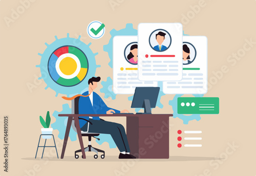 Optimizing use of business resources, maximizing efficiency, management concept vector illustration. Analyst on desk planning and analyzing resource allocation