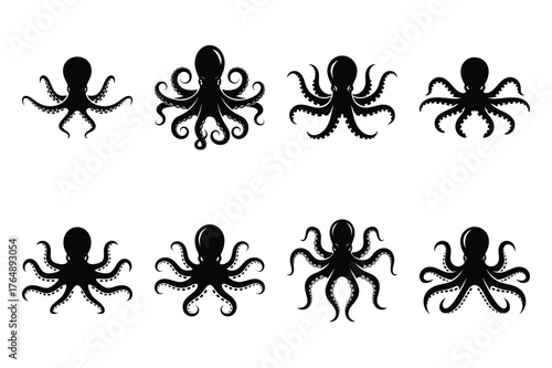 octopus spreading tentacles  minimal silhouette vector icon set. animal  icon set.