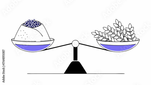 A scale balancing a sack of grains and a fruit basket representing the dual aspects of availability and access in food security discussions.