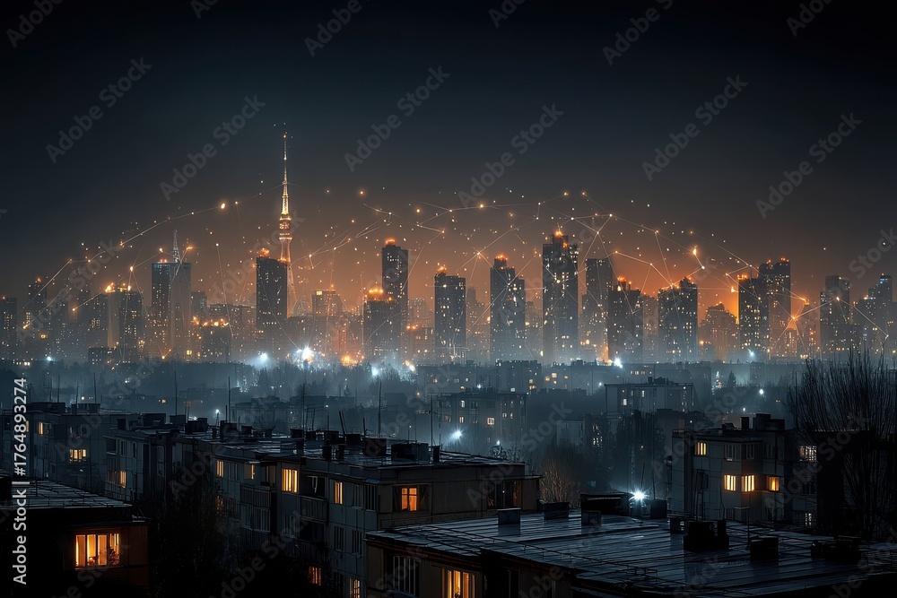 Fototapeta premium City skyline illuminated at night with a network of glowing connections