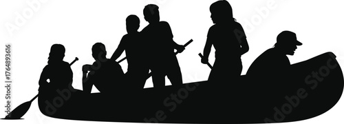 Silhouette canoe with six people paddling together, teamwork on water, outdoor adventure, black vector illustration, group rowing, minimal background