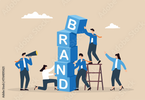 Business team build word BRAND using blocks. Concept of brand awareness, strategies to promoting products and sales, marketing, and advertising to enhance company reputation