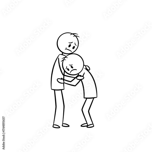  A stick figure comforts another stick figure. The concept of kindness.  