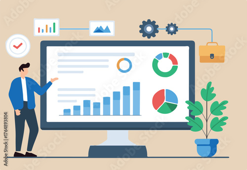 Flat illustration of analyst reviewing performance metrics on real-time project dashboard for efficiency	