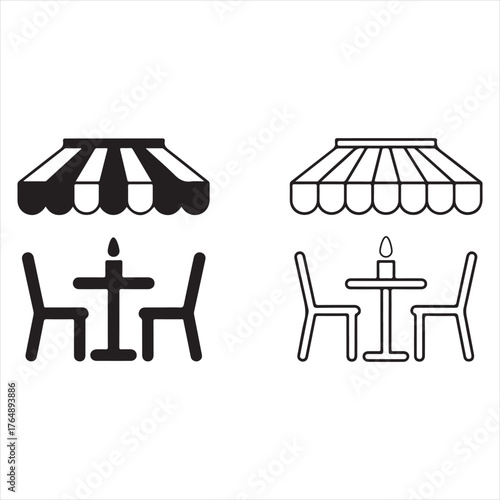 Two stylized icons of outdoor cafe tables with chairs and awnings