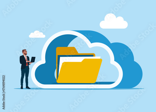 Folder with documents in the cloud  storage. Server room in the shape of a cloud. Network, data, security, digital interface, connection, processing and communication. Vector flat illustration