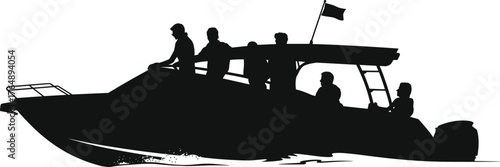 Silhouette motorboat with six people cruising on water, group marine transport scene with flag, ladder, cabin, motion, and teamwork