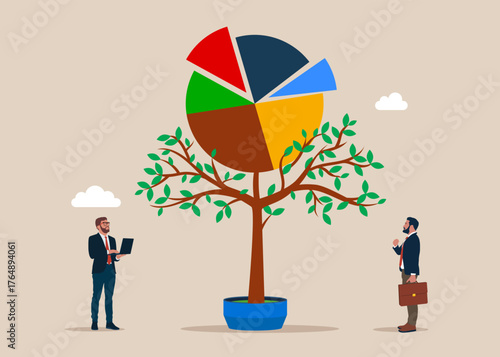 The tree with arrange pie chart grows higher and higher. Rebalancing investment portfolio to suitable for risk and return. Investment asset allocation and rebalance. Vector flat illustration