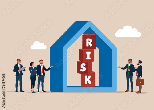 Real estate risk. Suspicious real estate and risky pay credit to bank app. Vector flat illustration
