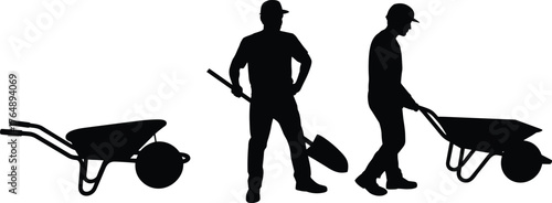 Silhouette of construction workers with wheelbarrows and shovel, manual labor scene, black vector illustration for landscaping, building, and work tools