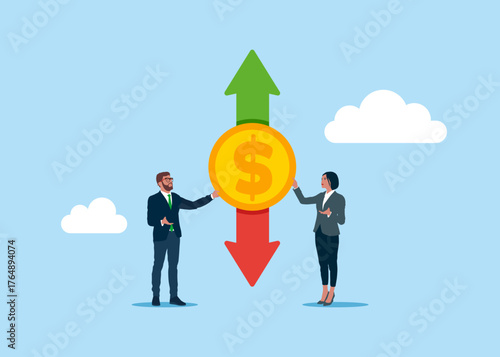 Business people are holding dollar coin with up and down arrow. Plan, saving and investment or stock market rebound and economic recover concept. Vector flat illustration.