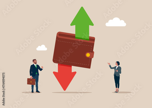 Wallet with up and down arrow. Woman wants to spend money, configured downward arrow while man wants arrow to grow upward wants, increase his capital. Vector flat illustration
