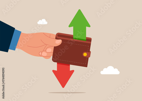 Wallet with up and down arrow. Spend money, configured downward arrow and arrow to grow upward wants, increase his capital. Vector flat illustration