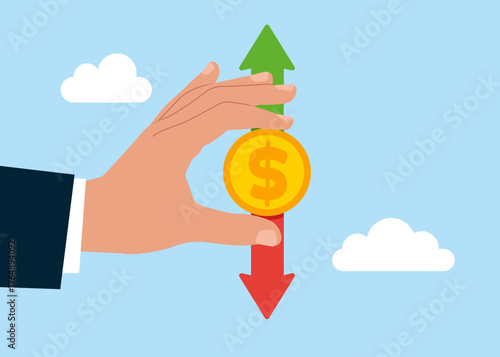 Dollar coin with up and down arrow. Plan, saving and investment or stock market rebound and economic recover concept. Vector flat illustration.