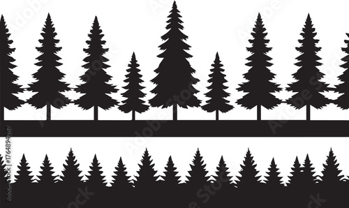 Black silhouette illustration of pine tree forest landscape border pattern design