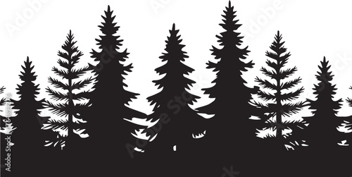 Black silhouette illustration of pine tree forest landscape border pattern design