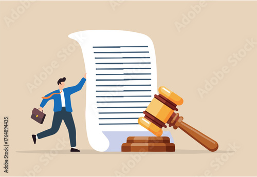 Flat illustration of mature lawyer hold legal document and gavel symbolizing judgment and court professionalism