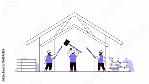 A busy scene of volunteers constructing a community shelter complete with hard hats tools and spirited collaboration as they work together to lift beams and secure foundations.