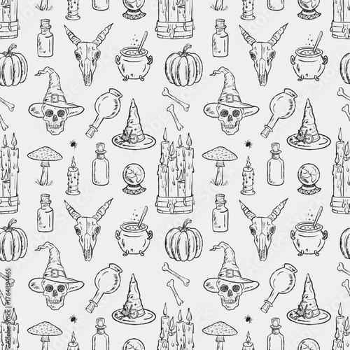 Hand drawn Halloween seamless pattern. Vector sketch illustration in vintage crayon charcoal style. Seamless design with skulls, cauldron, pumpkin, potions, candles, spider, and witchcraft.