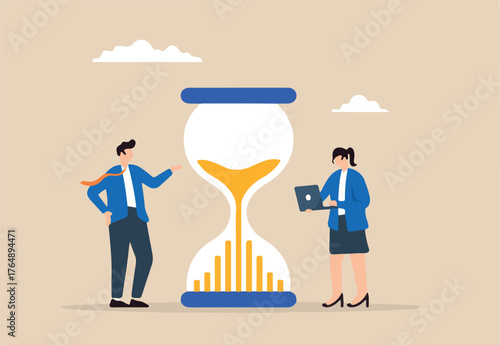Flat illustration of business people analyze sandglass time graph to manage employee timesheet efficiently