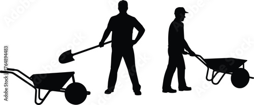 Silhouette of two construction workers with wheelbarrows and shovel, manual labor scene, black vector illustration for outdoor job and tools