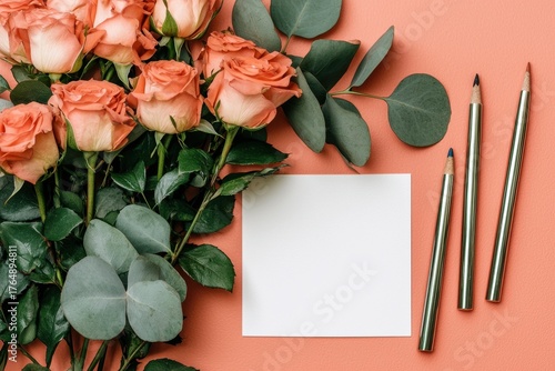 Elegant Arrangement of Roses and Blank Card on Soft Coral Background