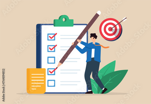 Flat illustration of startup founder mark goal or target use pencil on business checklist in clipboard with bullseye