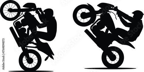 Silhouette of two motorcyclists performing wheelies on dirt bikes, stunt riding, helmet safety, off-road action, black vector illustration