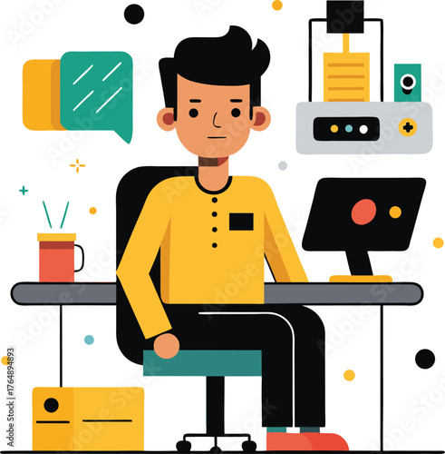 Young man working at a desk with a computer and 3d printer representing technology and innovation isolated on transparent background