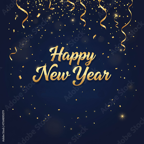 Elegant Happy New Year Poster with Gold Lettering on Navy Blue Background – Festive Celebration Greeting Design
