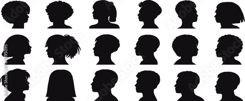 Diverse Human Head Silhouettes, Collection of Side Profile Views, Kids, Children, Teenagers, Males and Females, Variety of Haircuts, Including Curly and Straight Hair, Black on White.