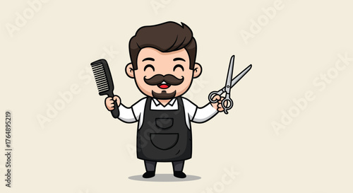 A cute cartoon barber with a mustache and goatee holding a comb and scissors.