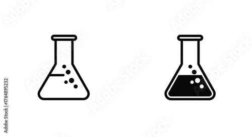 Two simple line art and solid fill icons of conical flasks with bubbling liquid, representing chemistry and scientific experiments.
