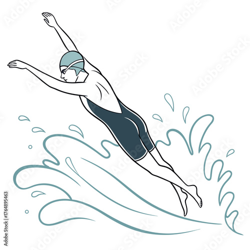 A stylized illustration of a female swimmer in mid dive entering the water with a splash wearing a sleek swimsuit and cap