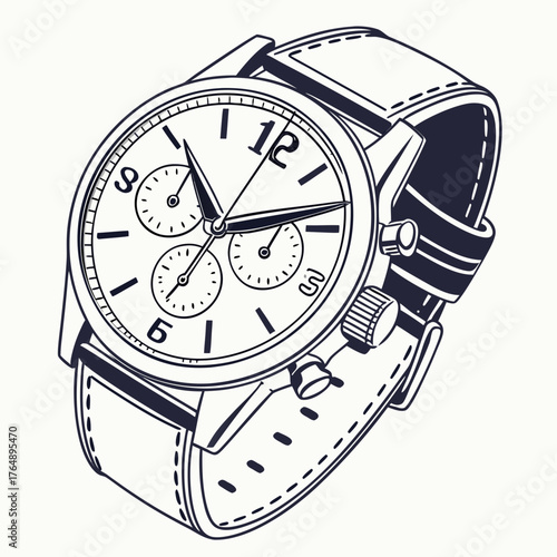 Classic chronograph wristwatch with a white dial and black leather strap depicted in a clean line art style on a white background