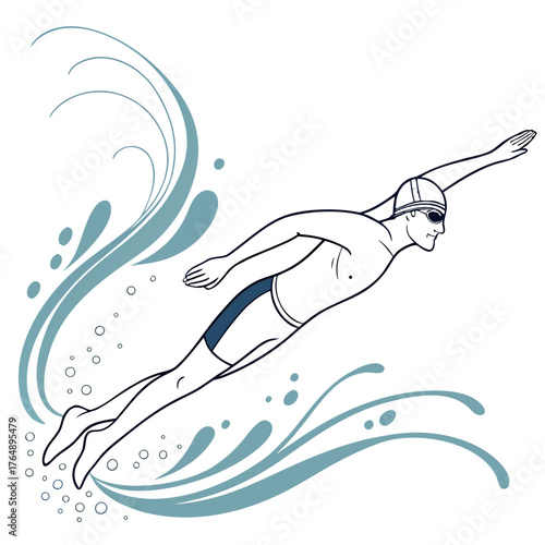 Dynamic illustration of a male swimmer in mid stroke wearing goggles and a swim cap with stylized water splashes and bubbles